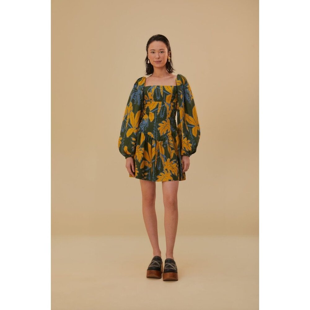 FARM Rio Green and Yellow Floral Puff-Sleeve Mini Dress